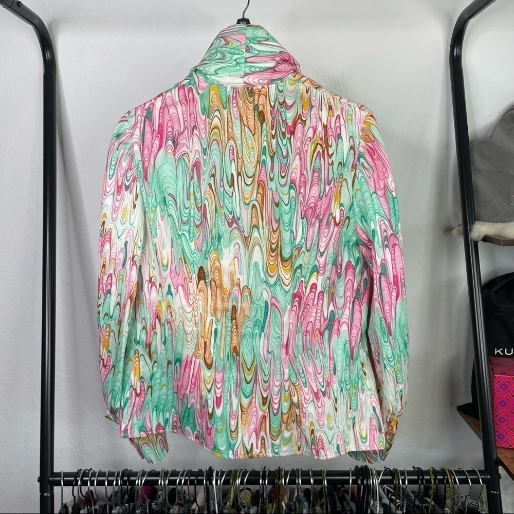 Vintage Retro 70s Watercolor Oil Spill Bow Disco Shirt - Picture 5 of 6